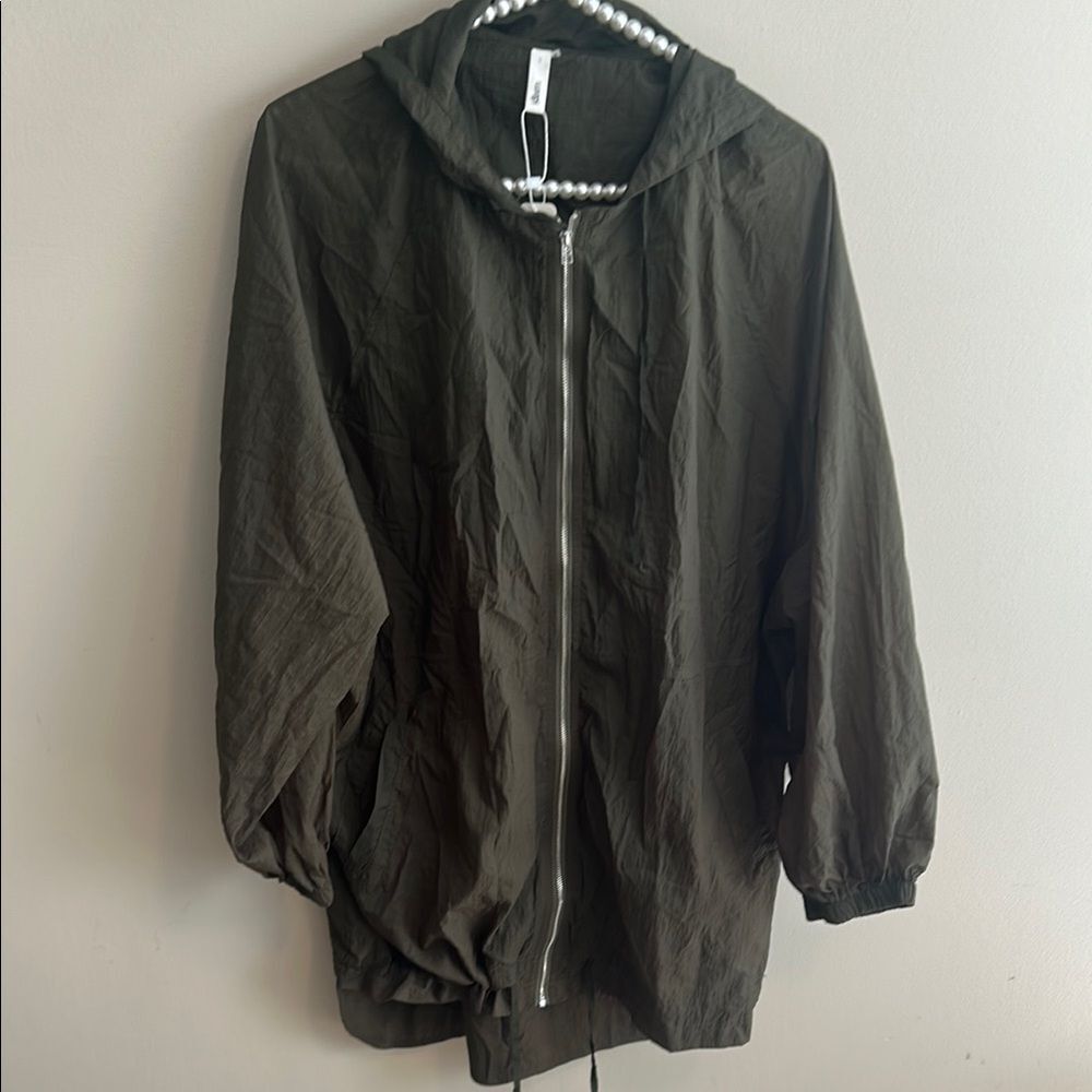 NEW Glam Jacket Womens Large Olive Green Hooded Zip Up Windbreaker Poly Loose